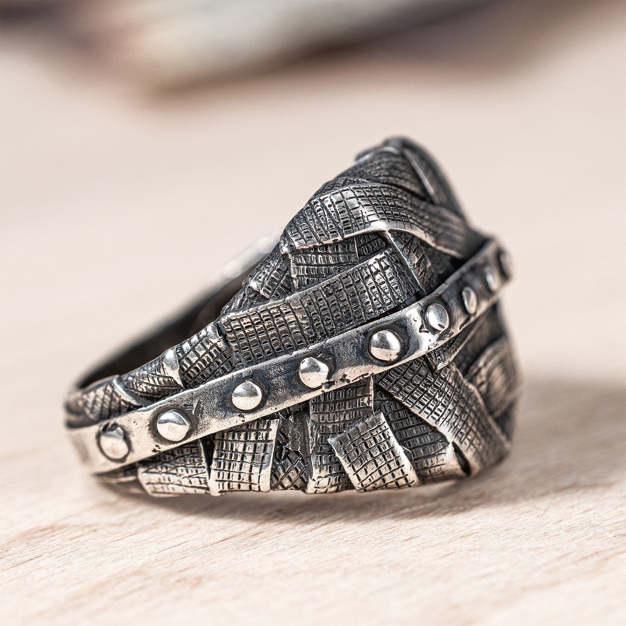Gridlock Oxidized Silver Ring with Layered Wrapped Metal Look