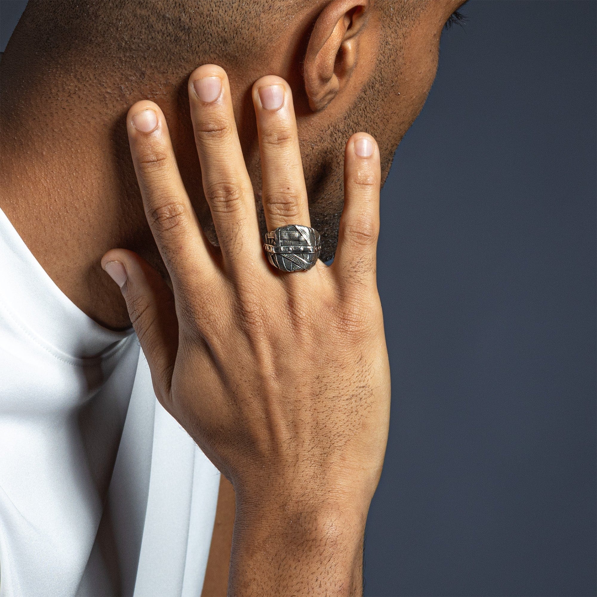 Gridlock Oxidized Silver Ring with Layered Wrapped Metal Look