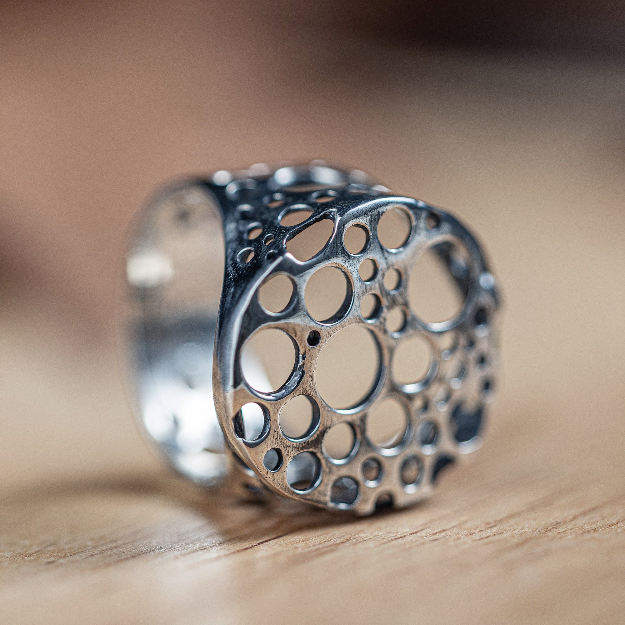 Hollow Oxidized Sterling Silver Ring with Organic Perforated Design