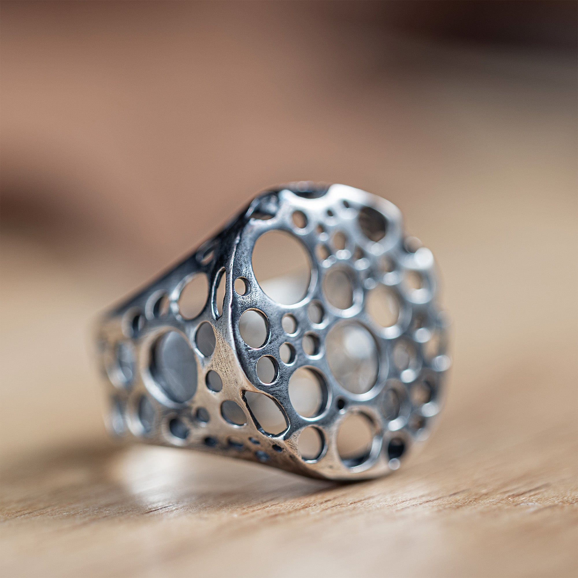 Hollow Oxidized Sterling Silver Ring with Organic Perforated Design
