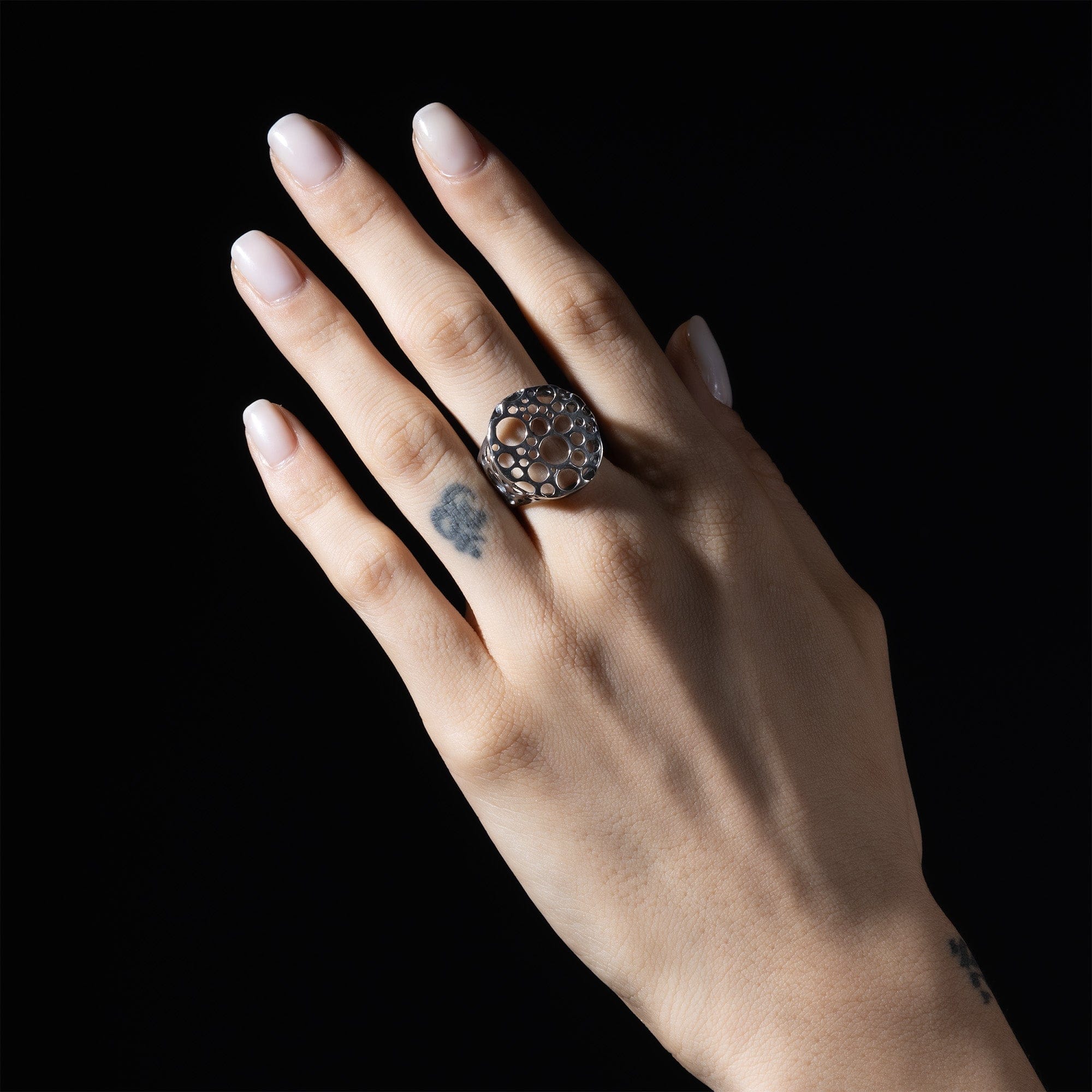 Hollow Oxidized Sterling Silver Ring with Organic Perforated Design