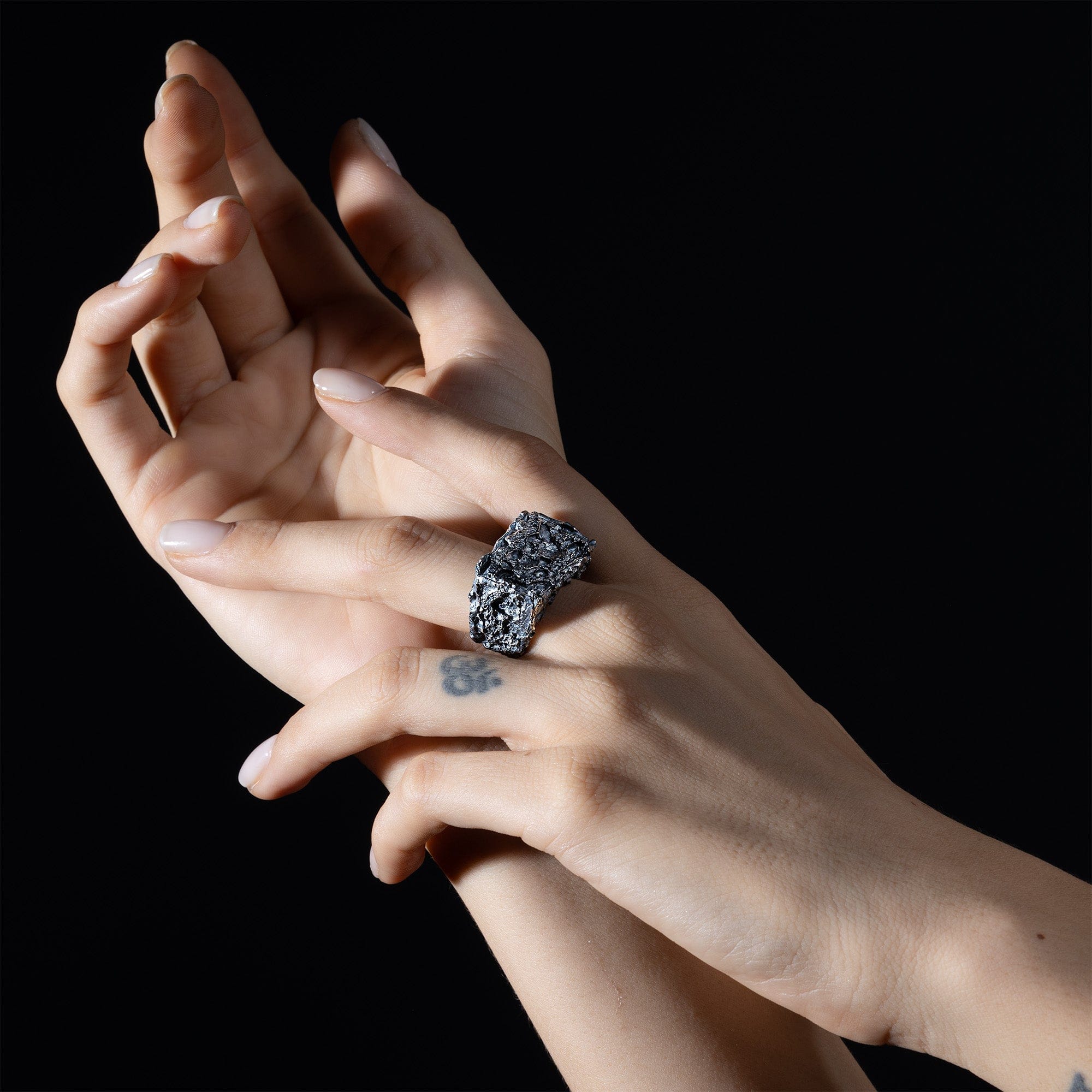 Obsidian Hand-Forged Silver Ring with Organic, Elemental Texture