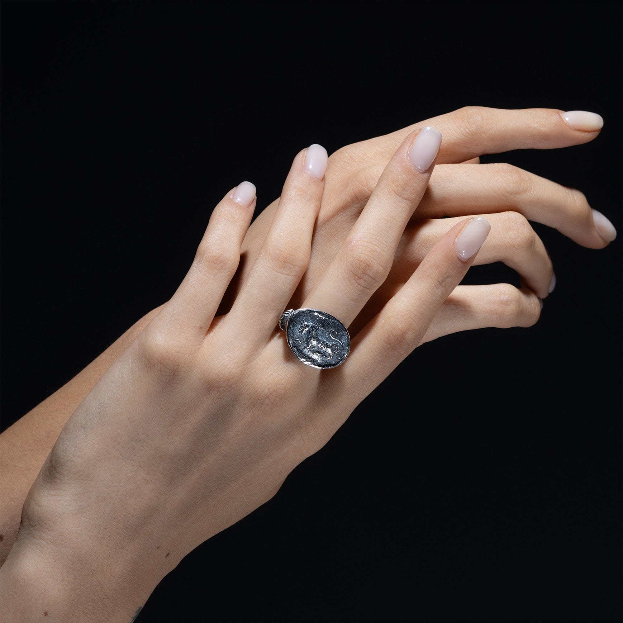 Oxidized 925 Silver Ring with Ancient Beast Seal
