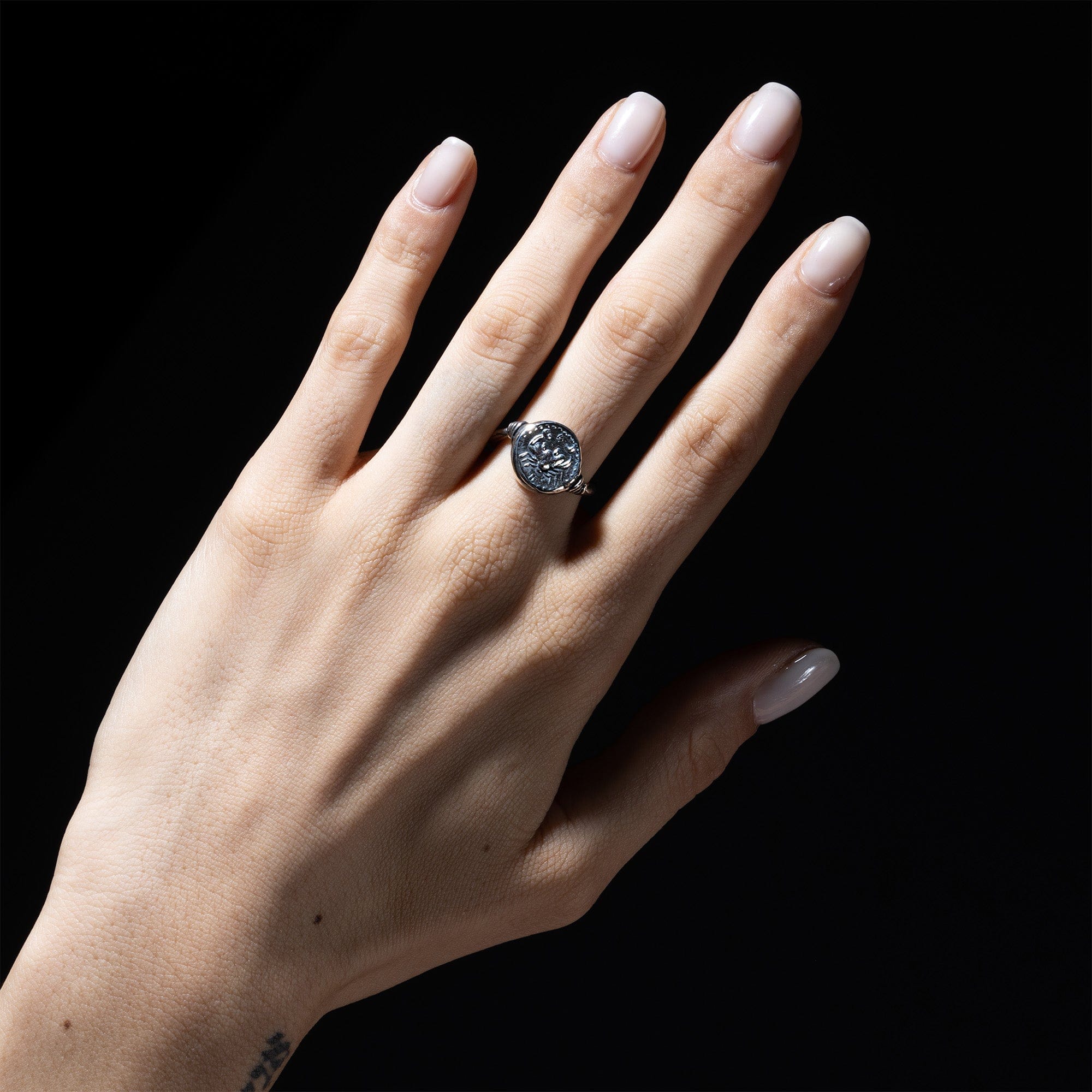 Oxidized 925 Silver Ring with Ancient Crab Seal Engraving