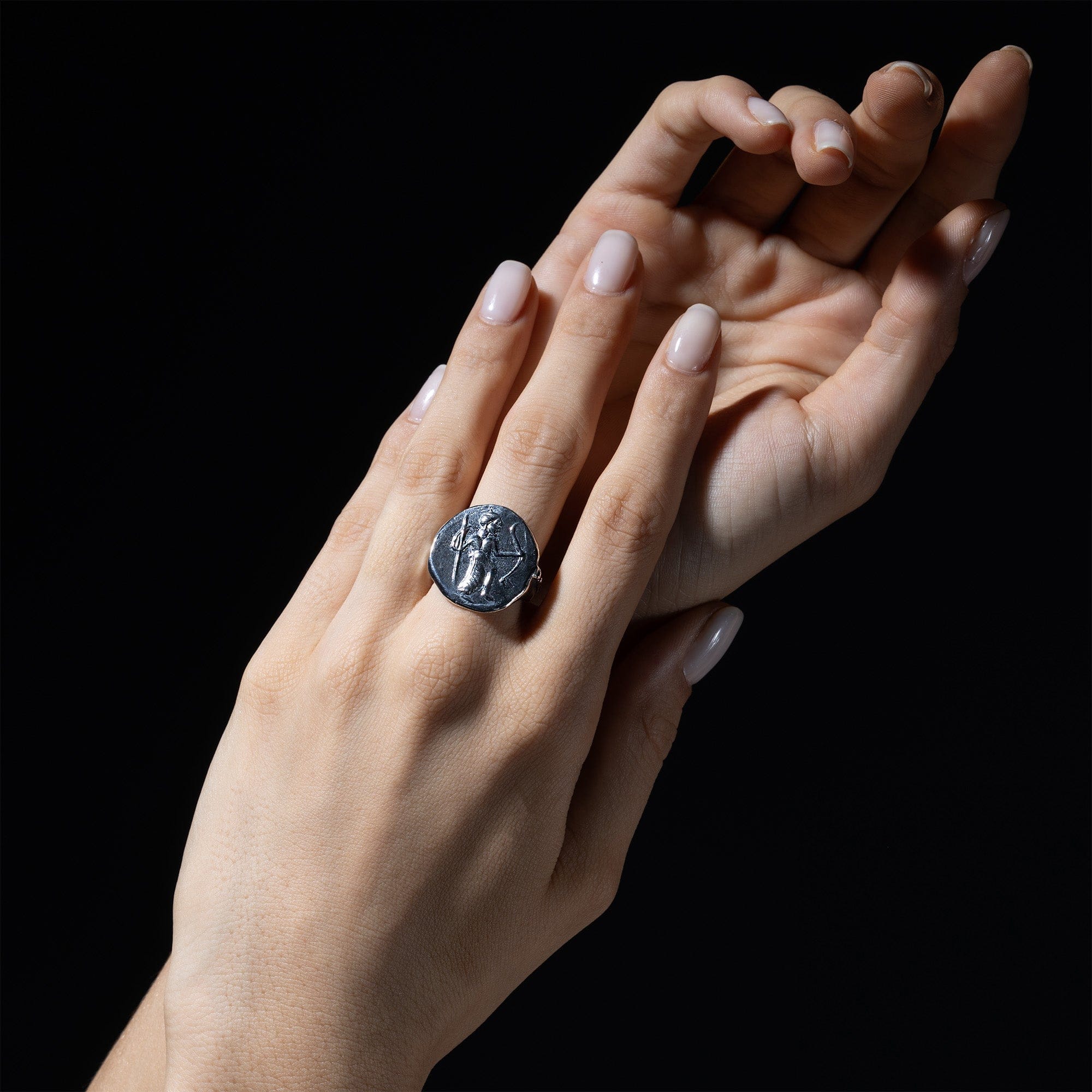 Oxidized 925 Silver Ring with Ancient Divine Bowman Seal