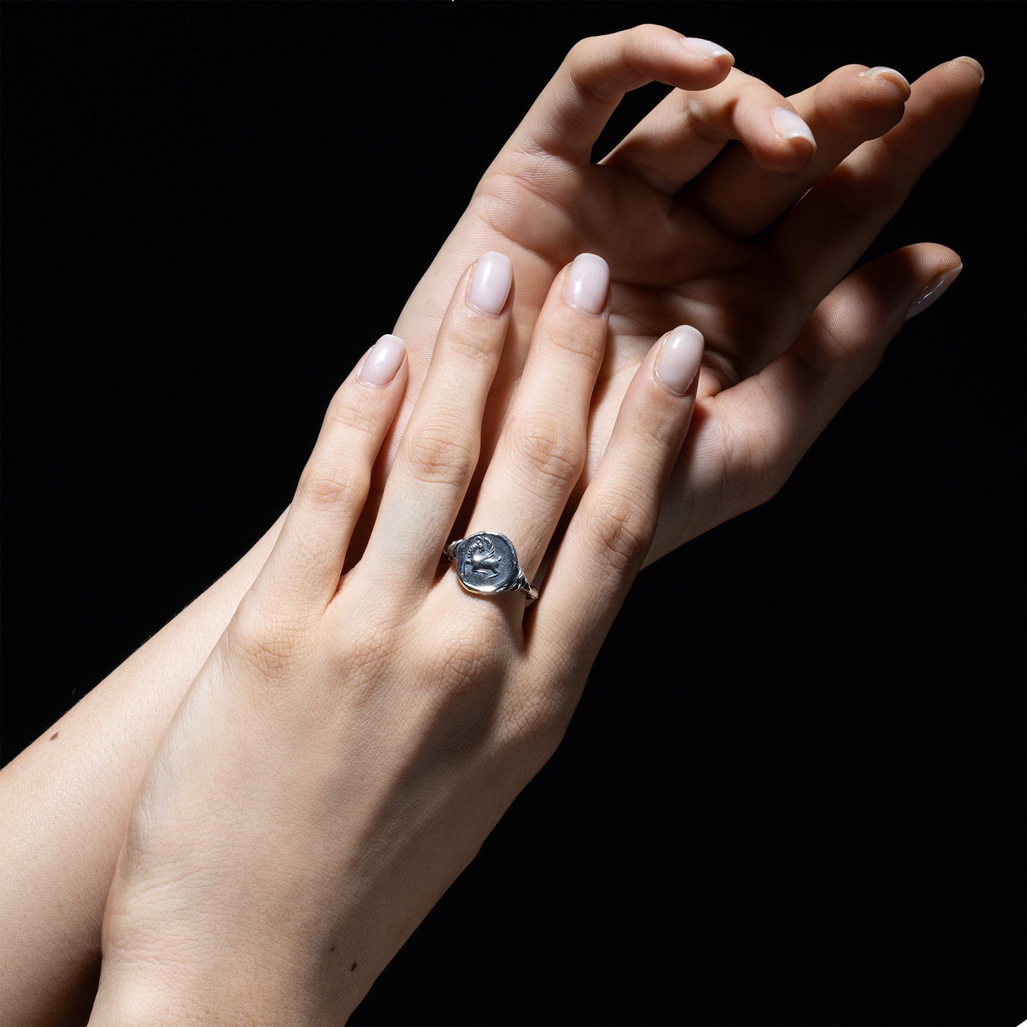 Oxidized 925 Silver Ring with Ancient Griffin Seal Engraving