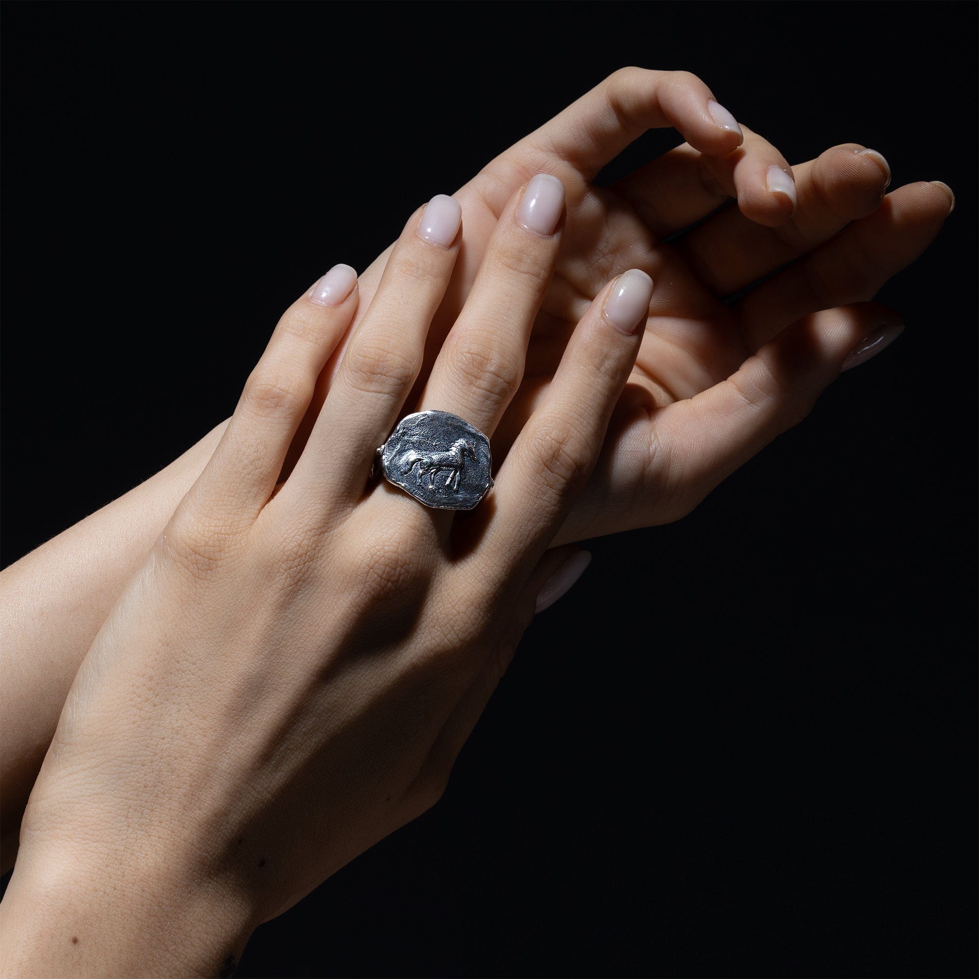Oxidized 925 Silver Ring with Ancient Horse Seal