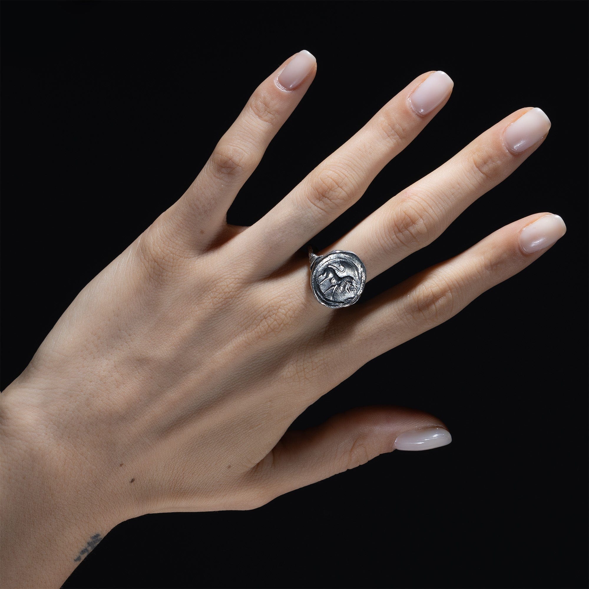 Oxidized 925 Silver Ring with Ancient Lion Seal Engraving