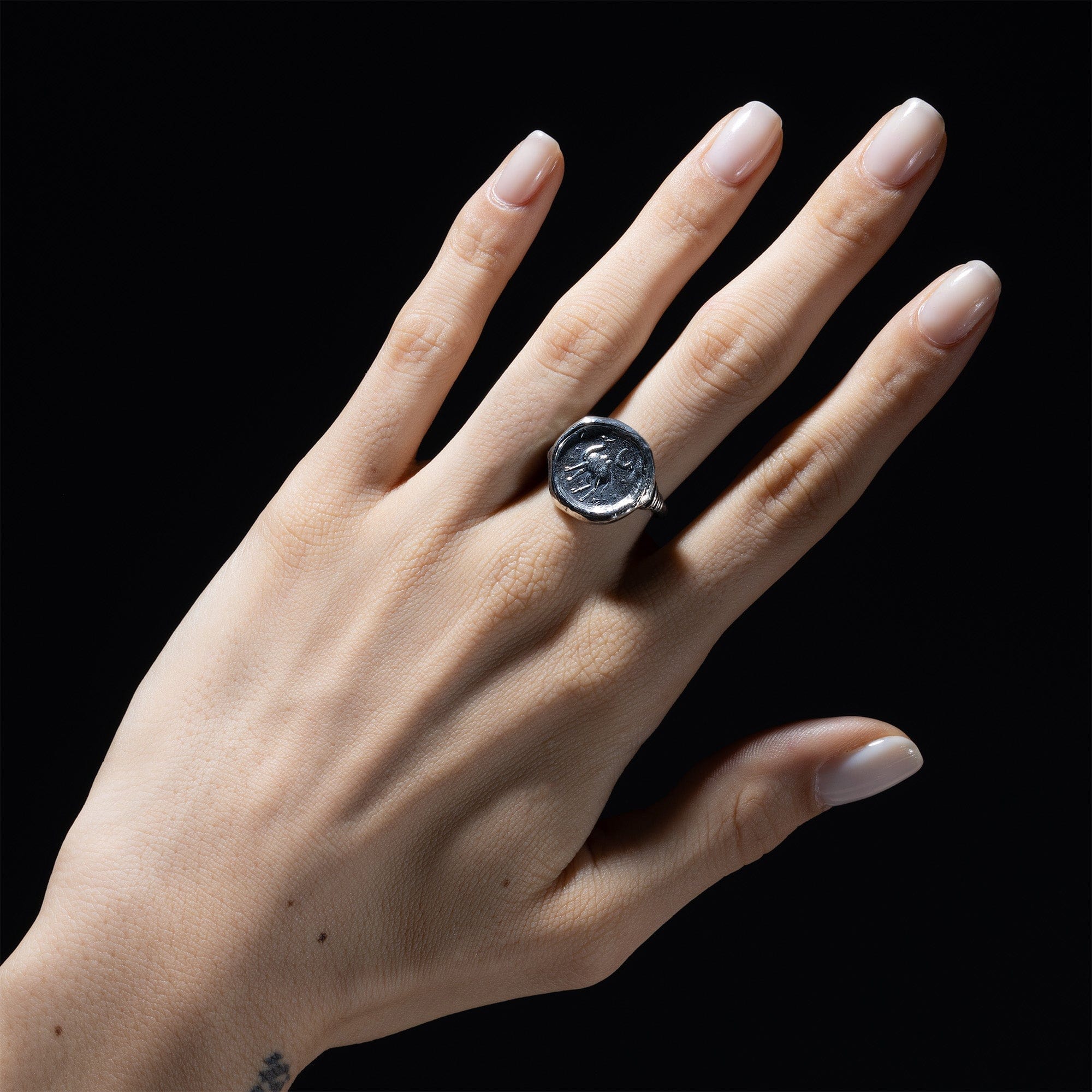 Oxidized 925 Silver Ring with Ancient Moonlit Camel Seal Engraving