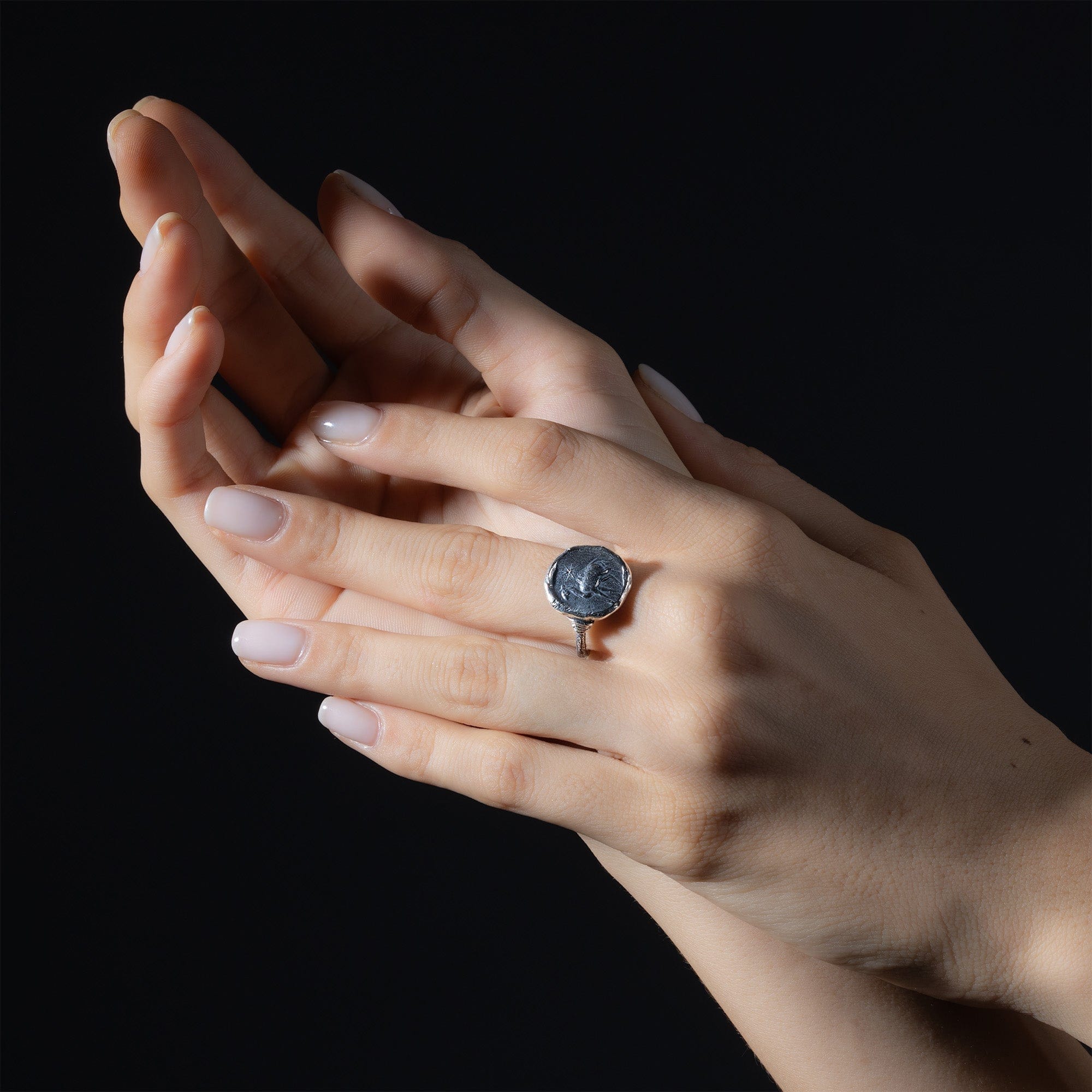 Oxidized 925 Silver Ring with Ancient Nativity Seal Engraving
