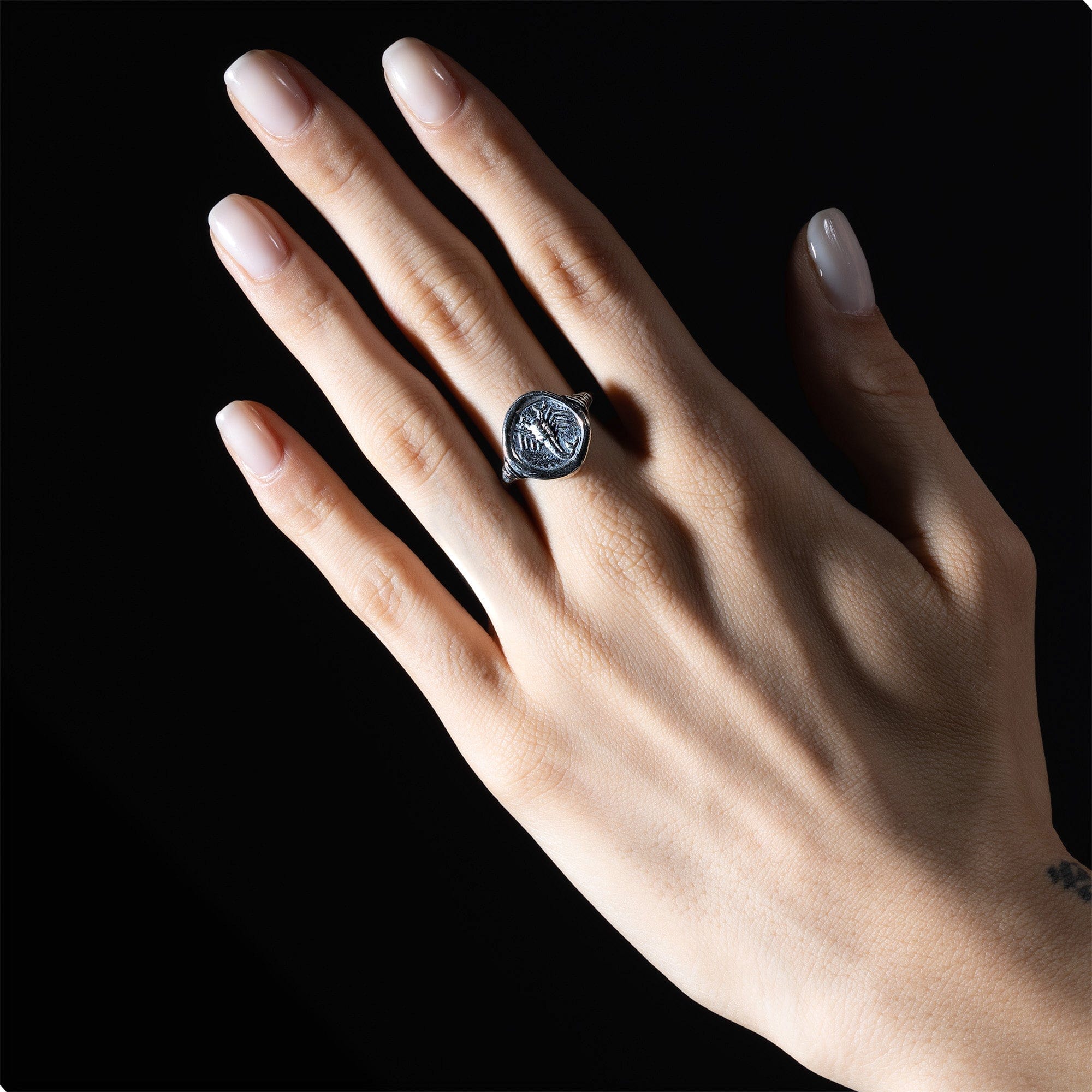 Oxidized 925 Silver Ring with Ancient Scorpion Seal Engraving