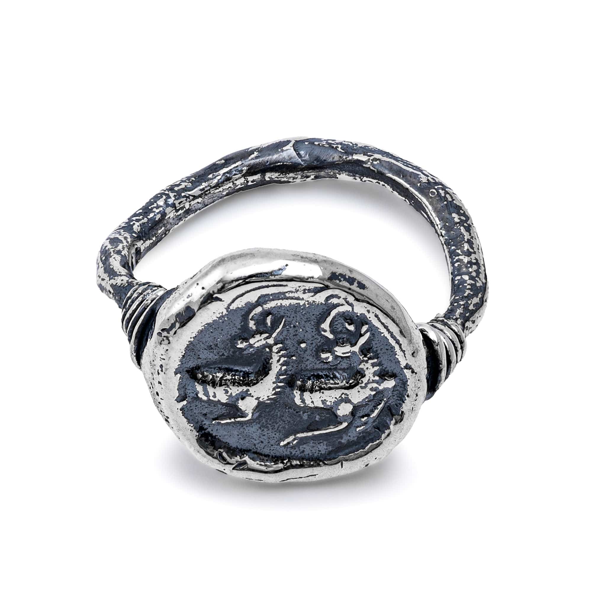 Oxidized 925 Silver Ring with Ancient Two Guardians Seal Engraving