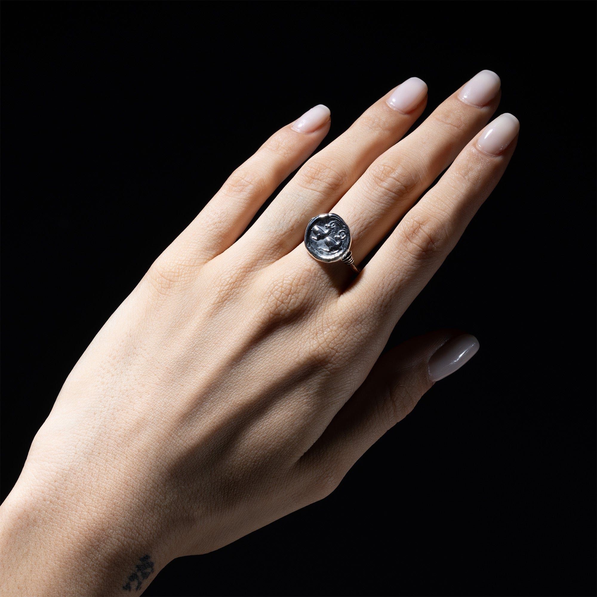 Oxidized 925 Silver Ring with Ancient Two Guardians Seal Engraving