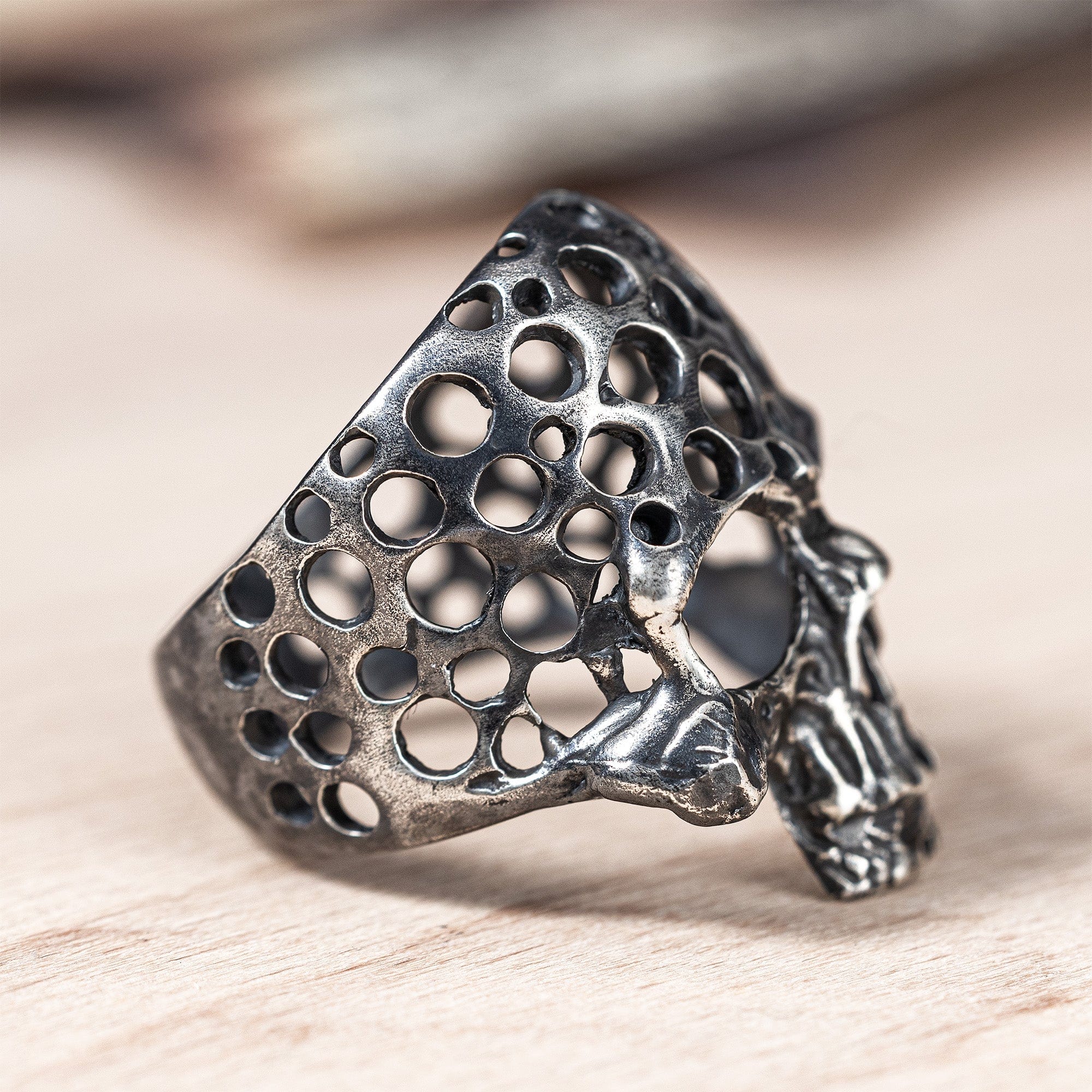 Skelter Brutalist Silver Skull Ring with Perforated Texture