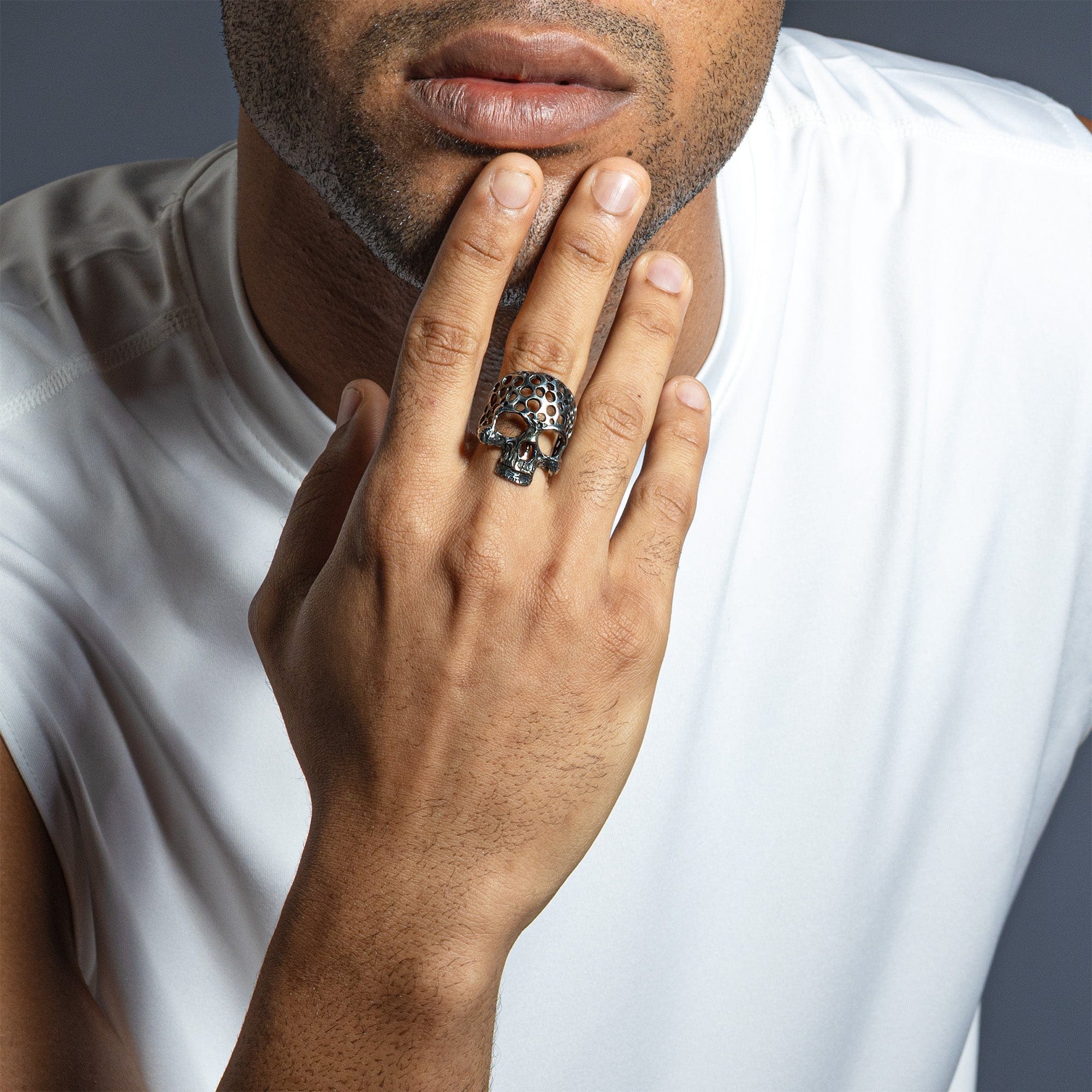 Skelter Brutalist Silver Skull Ring with Perforated Texture