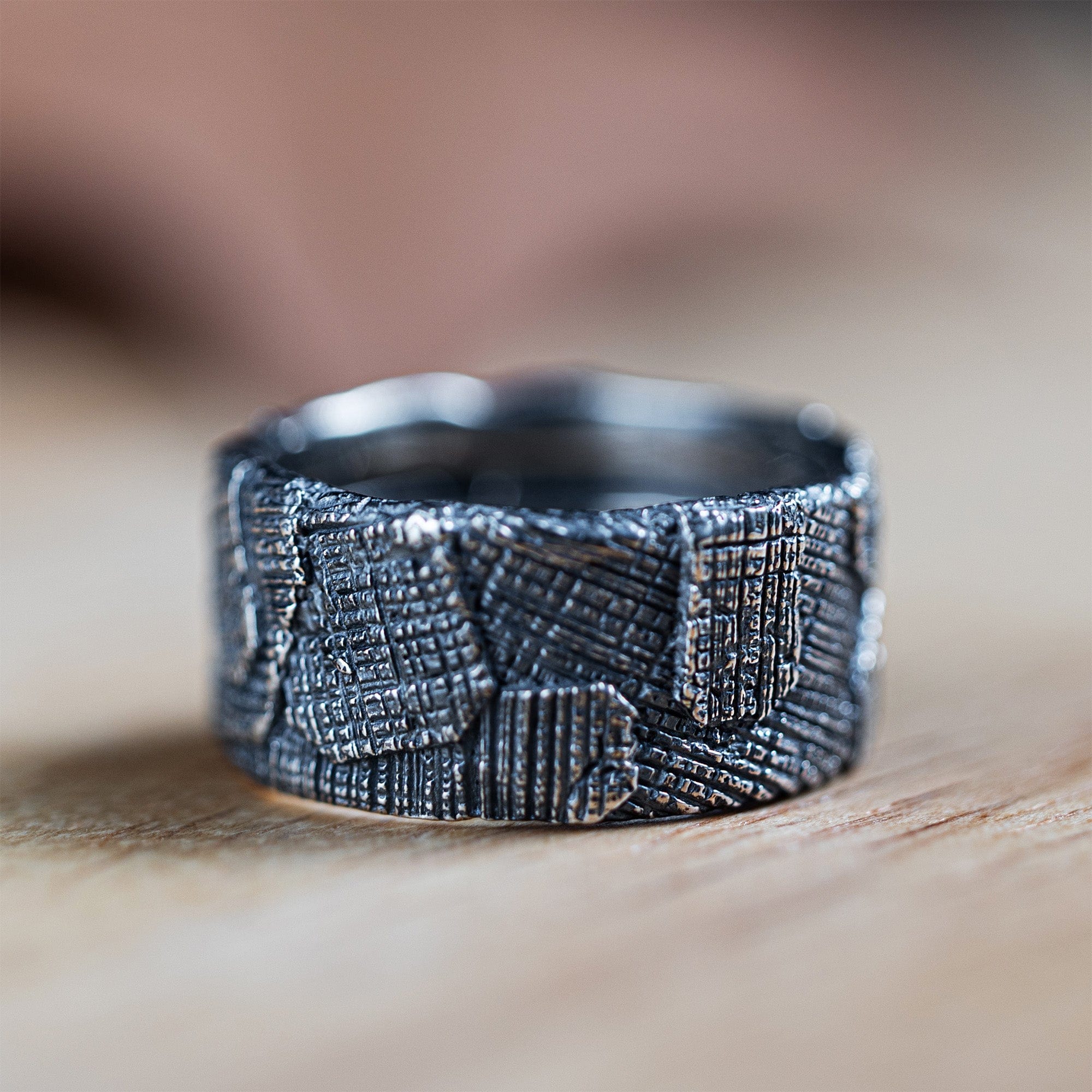 Stitch Handmade Silver Band with Layered Patch-Like Texture