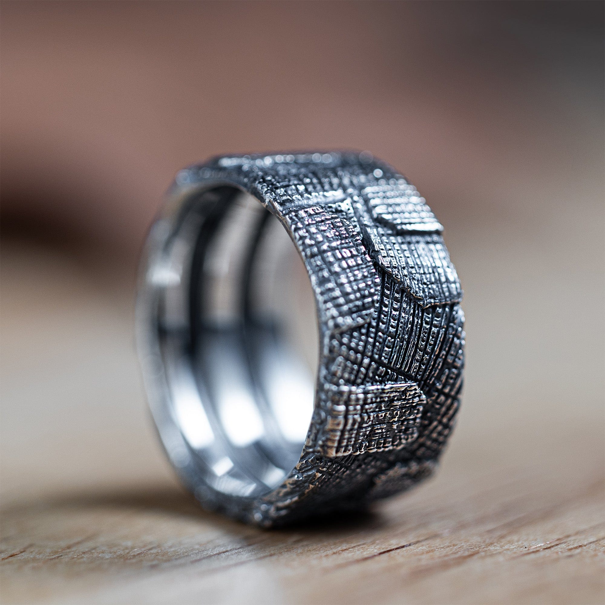 Stitch Handmade Silver Band with Layered Patch-Like Texture