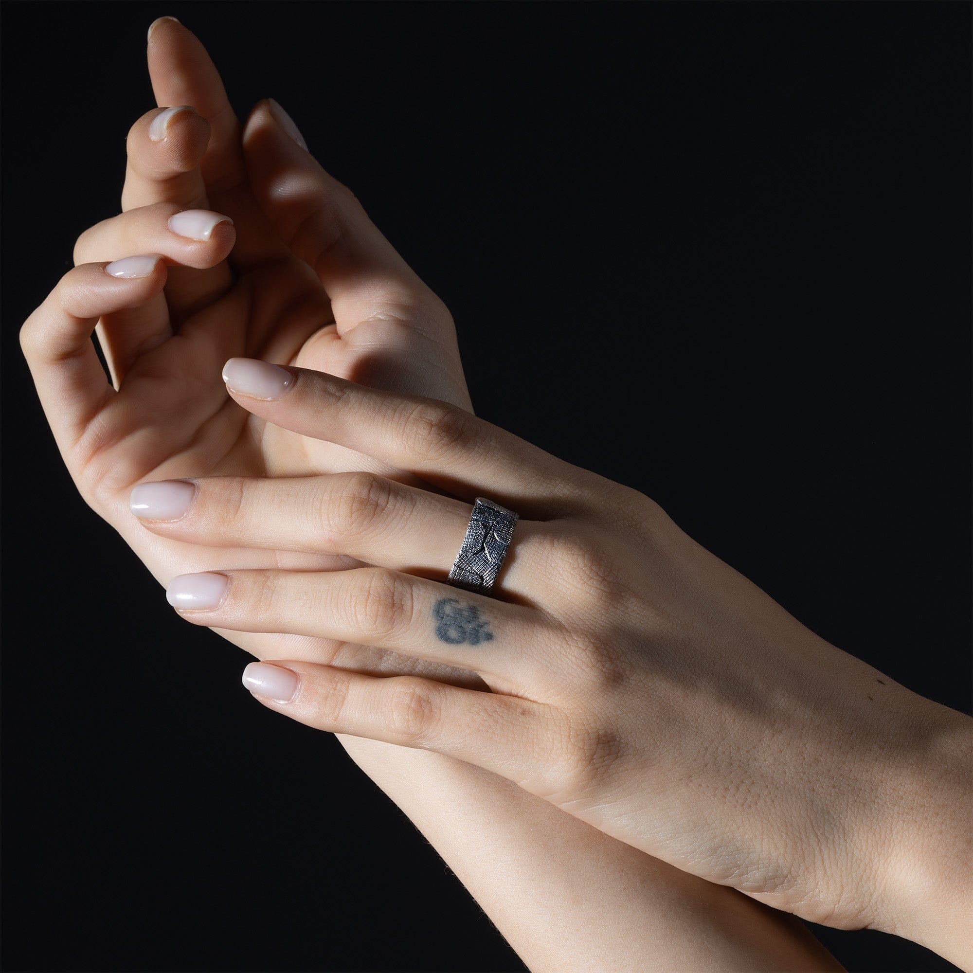 Stitch Handmade Silver Band with Layered Patch-Like Texture