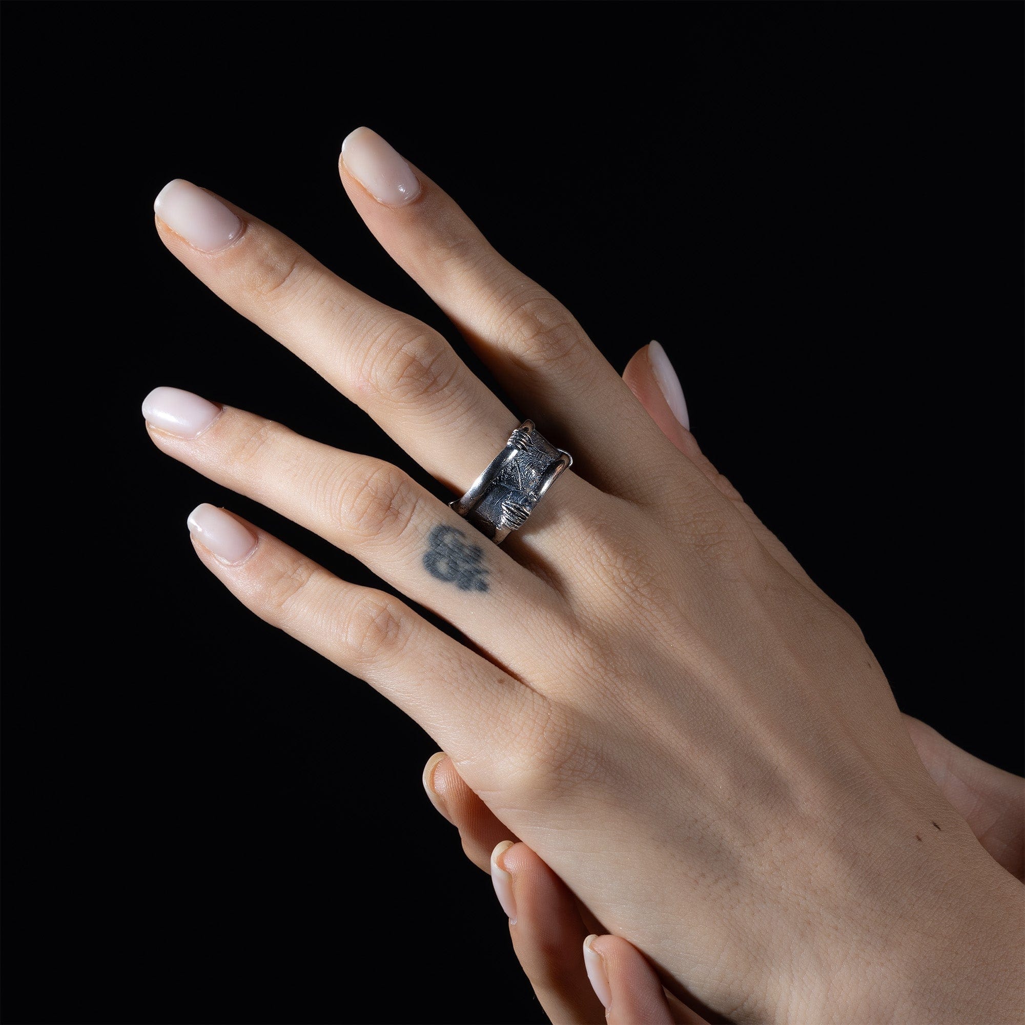 Strand Oxidized Sterling Silver Ring with Handcrafted Stitched Texture