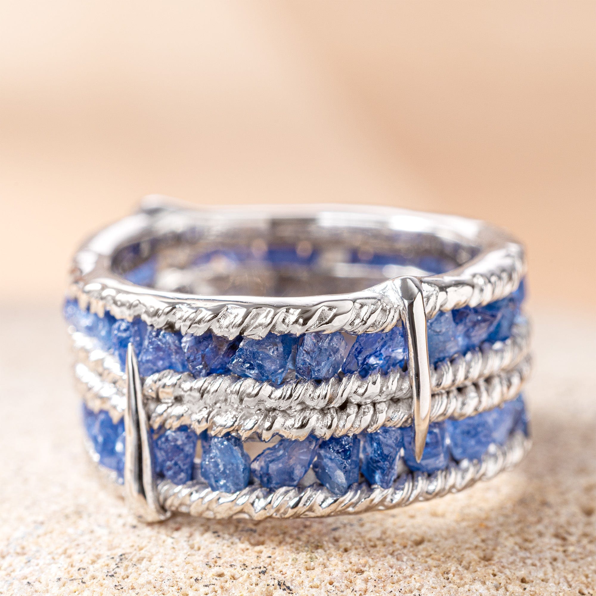 Tartine 925 Silver Ring with Raw Blue Sapphires and Anti-Tarnish Coating