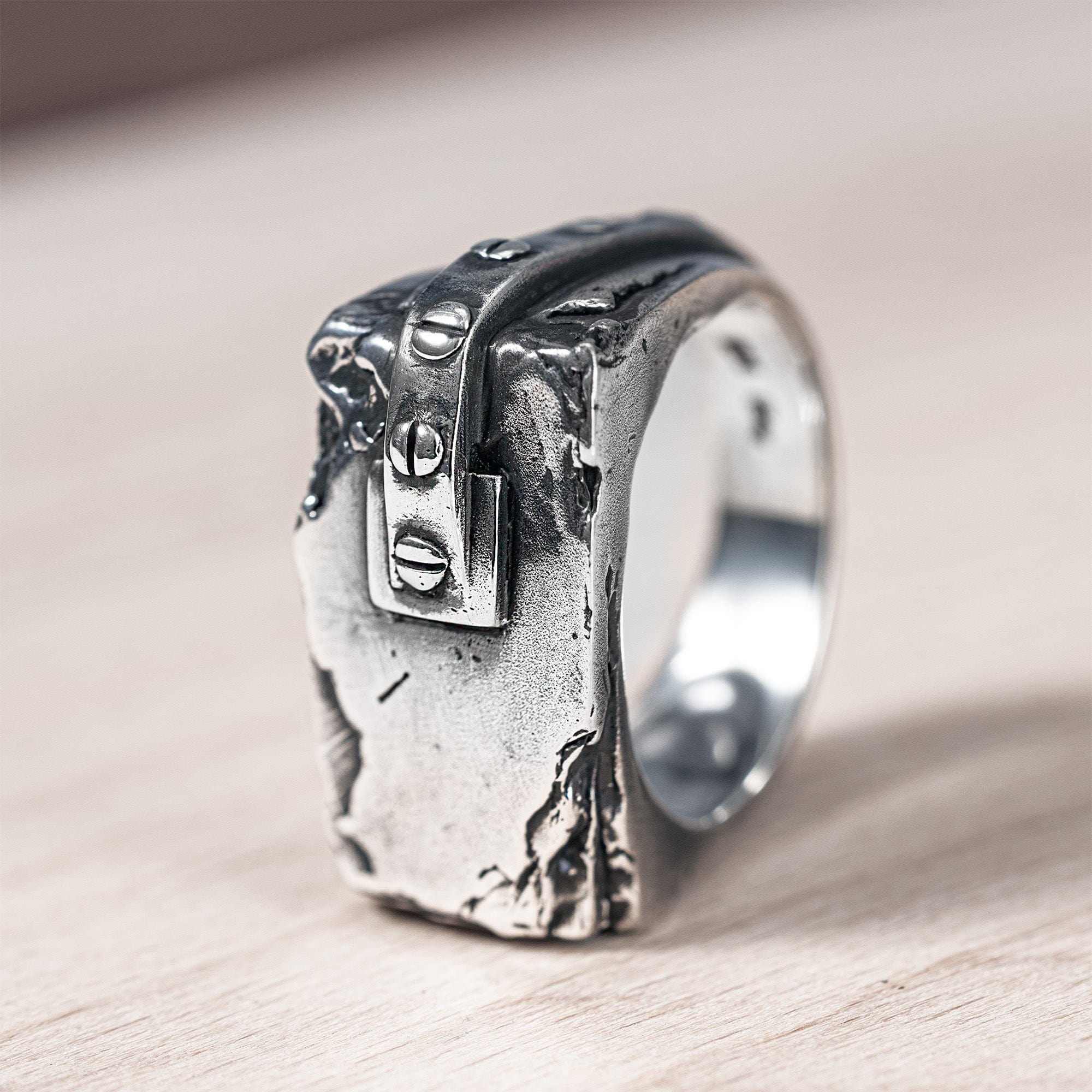 Wireform Oxidized Silver Ring with Mechanical-Inspired Details