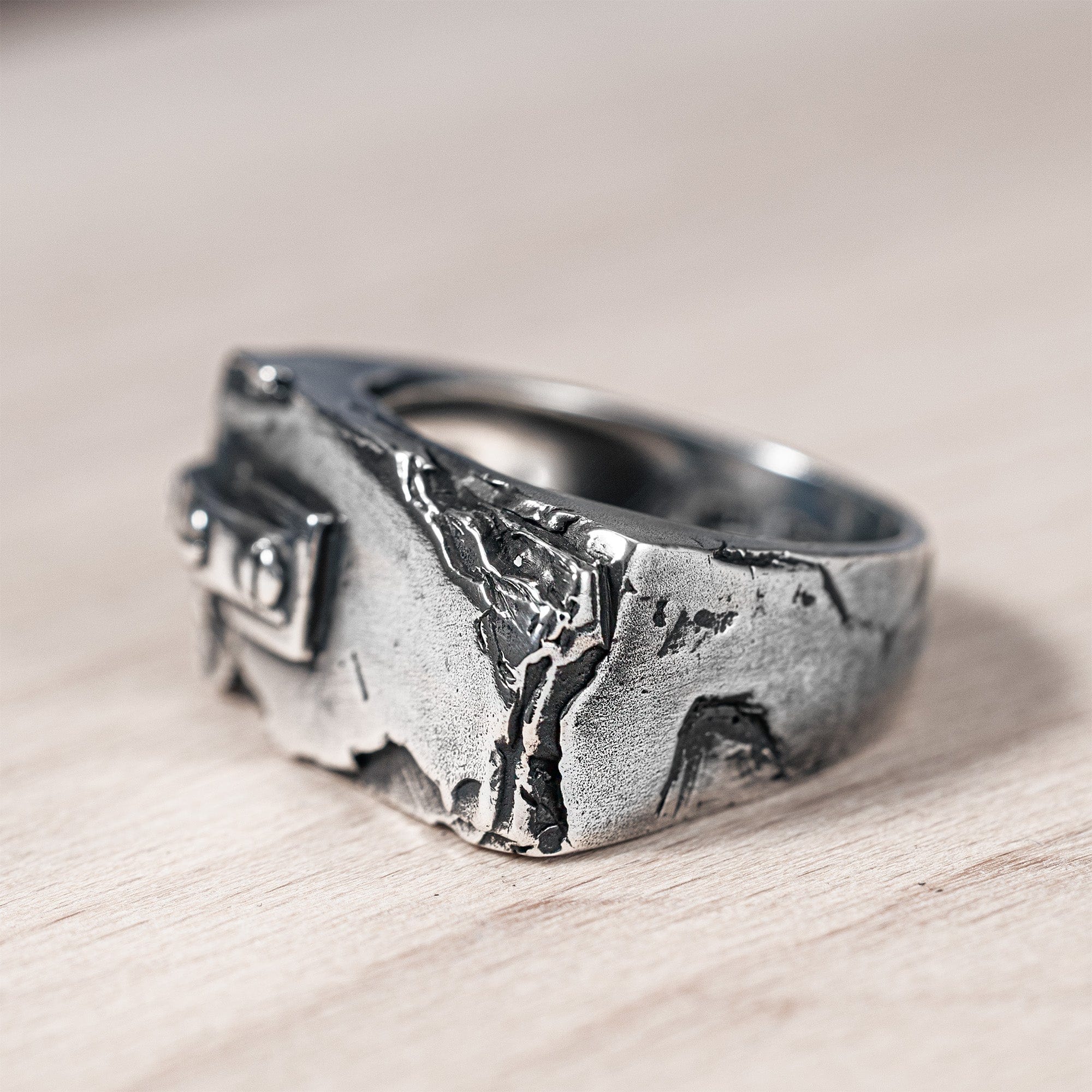 Wireform Oxidized Silver Ring with Mechanical-Inspired Details
